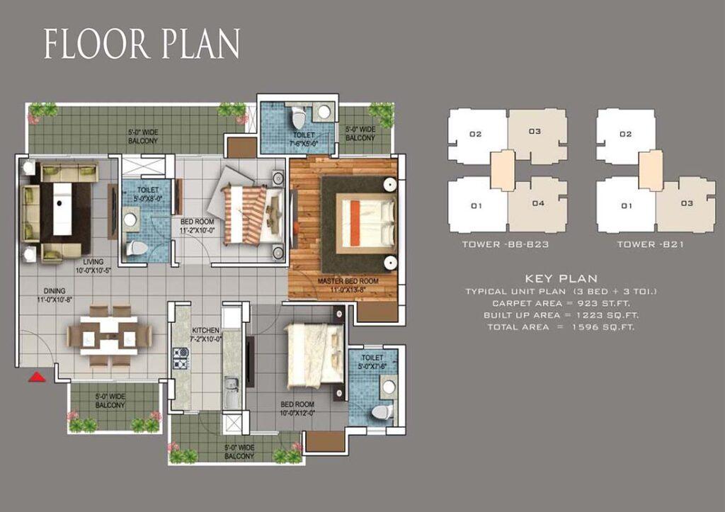 3 BHK + 3 Toilet (1596 Sq. Ft.)